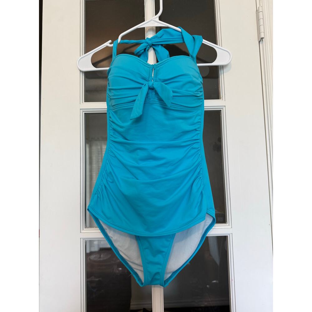 Tommy Bahama Ruched Halter-Top Tummy Control Blue One-Piece Swimsuit size 8